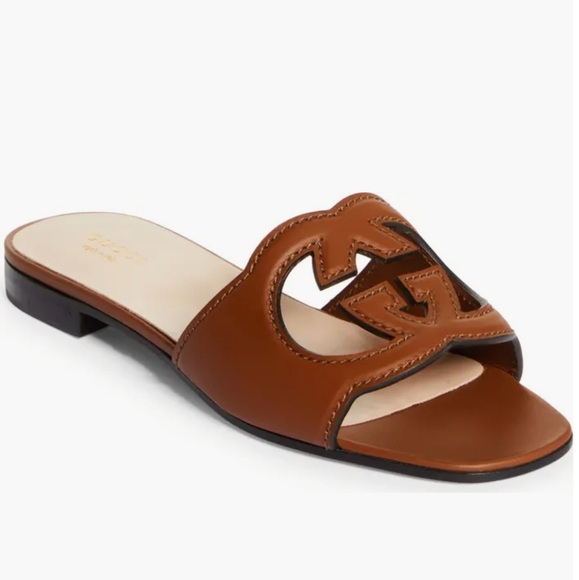 $770 Gucci Interlocking G Cutout Leather Slides Sandals Brown EU 36.5 US 6.5 NIB - Picture 1 of 9